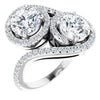 10K White Gold Customizable Double Round Cut 2-Stone Style Enhanced with Accented Artisan Bypass Band