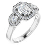 10K White Gold Customizable 3x Halo-Enhanced 3-stone Style with Emerald/Radiant Cut Center and Round Cut Accents