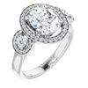 10K White Gold Customizable 3x Halo-Enhanced 3-stone Style with Oval Cut Center and Round Cut Accents