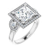 10K White Gold Customizable 3x Halo-Enhanced 3-stone Style with Princess/Square Cut Center and Round Cut Accents