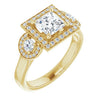 10K Yellow Gold Customizable 3x Halo-Enhanced 3-stone Style with Princess/Square Cut Center and Round Cut Accents