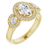 10K Yellow Gold Customizable 3x Halo-Enhanced 3-stone Style with Oval Cut Center and Round Cut Accents