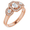 10K Rose Gold Customizable 3x Halo-Enhanced 3-stone Style with Emerald/Radiant Cut Center and Round Cut Accents