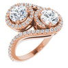 10K Rose Gold Customizable Double Round Cut 2-Stone Style Enhanced with Accented Artisan Bypass Band
