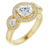 10K Yellow Gold Customizable 3x Halo-Enhanced 3-stone Style with Round Cut Center and Round Cut Accents