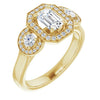 10K Yellow Gold Customizable 3x Halo-Enhanced 3-stone Style with Emerald/Radiant Cut Center and Round Cut Accents