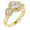 10K Yellow Gold Customizable 3x Halo-Enhanced 3-stone Style with Oval Cut Center and Round Cut Accents