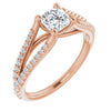 10K Rose Gold Customizable Cathedral-raised Cushion Cut Center with Exquisite Accented Split-band