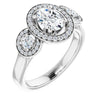 10K White Gold Customizable 3x Halo-Enhanced 3-stone Style with Oval Cut Center and Round Cut Accents