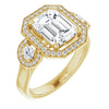 10K Yellow Gold Customizable 3x Halo-Enhanced 3-stone Style with Emerald/Radiant Cut Center and Round Cut Accents