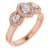 10K Rose Gold Customizable 3x Halo-Enhanced 3-stone Style with Marquise Cut Center and Round Cut Accents