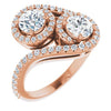 10K Rose Gold Customizable Double Round Cut 2-Stone Style Enhanced with Accented Artisan Bypass Band