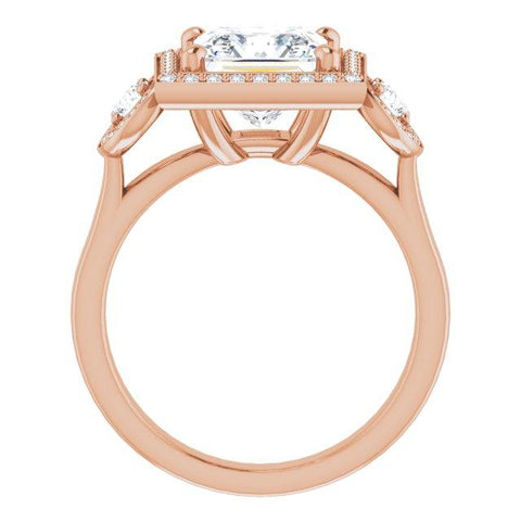 10K Rose Gold Customizable 3x Halo-Enhanced 3-stone Style with Princess/Square Cut Center and Round Cut Accents