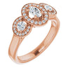 10K Rose Gold Customizable 3x Halo-Enhanced 3-stone Style with Oval Cut Center and Round Cut Accents