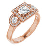 10K Rose Gold Customizable 3x Halo-Enhanced 3-stone Style with Princess/Square Cut Center and Round Cut Accents
