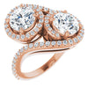 10K Rose Gold Customizable Double Round Cut 2-Stone Style Enhanced with Accented Artisan Bypass Band