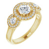 10K Yellow Gold Customizable 3x Halo-Enhanced 3-stone Style with Round Cut Center and Round Cut Accents