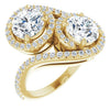 10K Yellow Gold Customizable Double Round Cut 2-Stone Style Enhanced with Accented Artisan Bypass Band