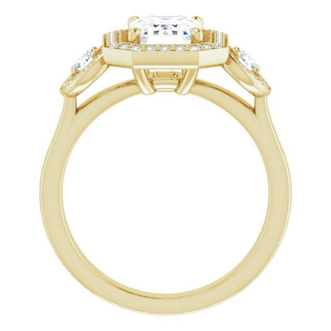 10K Rose Gold Customizable 3x Halo-Enhanced 3-stone Style with Emerald/Radiant Cut Center and Round Cut Accents