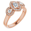 10K Rose Gold Customizable 3x Halo-Enhanced 3-stone Style with Marquise Cut Center and Round Cut Accents