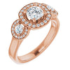 10K Rose Gold Customizable 3x Halo-Enhanced 3-stone Style with Cushion Cut Center and Round Cut Accents