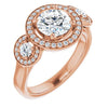 10K Rose Gold Customizable 3x Halo-Enhanced 3-stone Style with Round Cut Center and Round Cut Accents