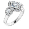 10K White Gold Customizable 3x Halo-Enhanced 3-stone Style with Marquise Cut Center and Round Cut Accents