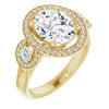 10K Yellow Gold Customizable 3x Halo-Enhanced 3-stone Style with Oval Cut Center and Round Cut Accents