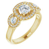 10K Yellow Gold Customizable 3x Halo-Enhanced 3-stone Style with Cushion Cut Center and Round Cut Accents