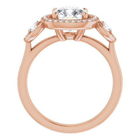 10K Rose Gold Customizable 3x Halo-Enhanced 3-stone Style with Cushion Cut Center and Round Cut Accents
