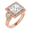 10K Rose Gold Customizable 3x Halo-Enhanced 3-stone Style with Princess/Square Cut Center and Round Cut Accents