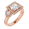 10K Rose Gold Customizable 3x Halo-Enhanced 3-stone Style with Princess/Square Cut Center and Round Cut Accents