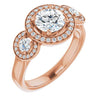 10K Rose Gold Customizable 3x Halo-Enhanced 3-stone Style with Round Cut Center and Round Cut Accents